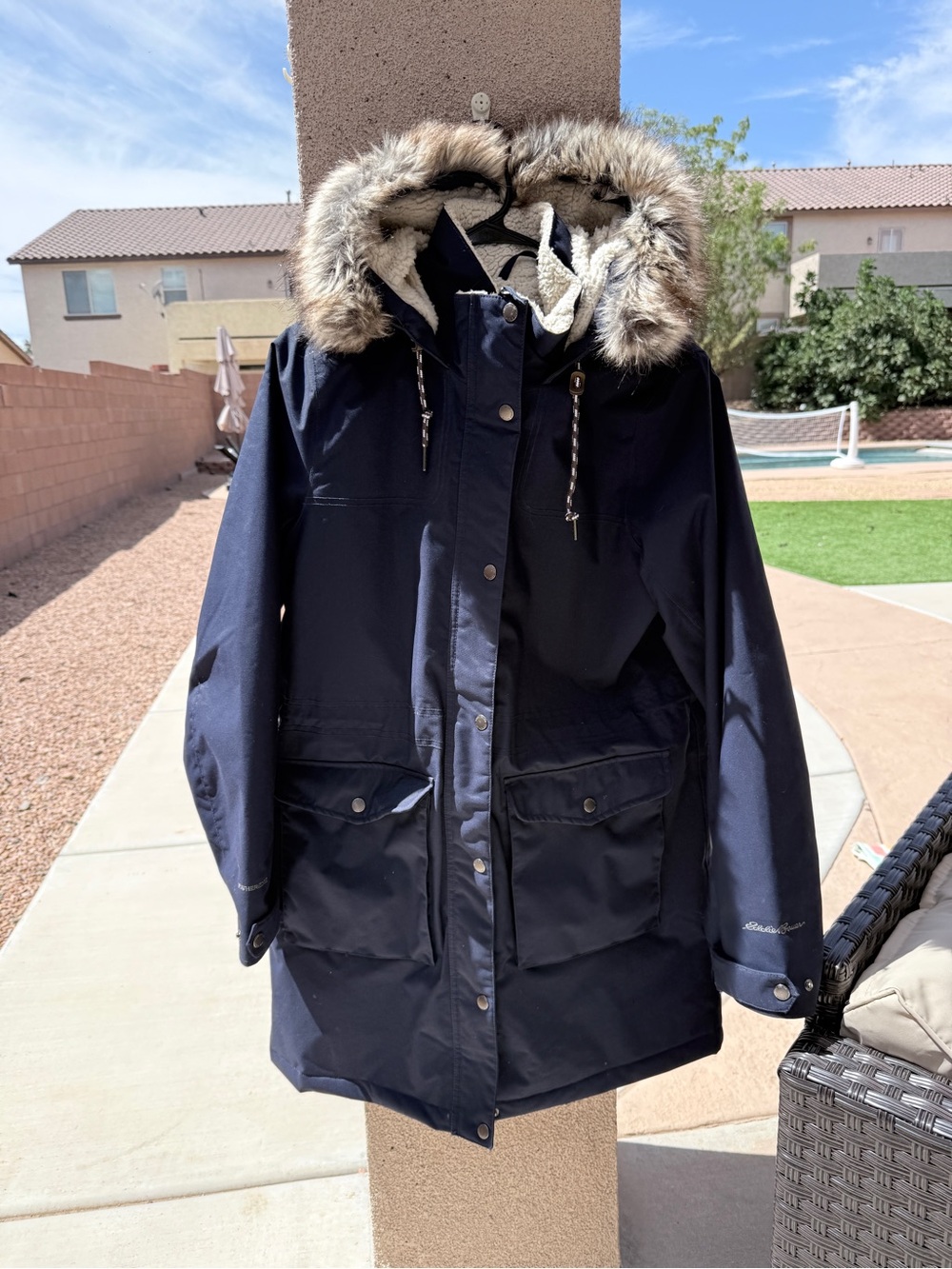 Women’s Eddie Bauer Navy Faux-Fur Hood Parka Jacket